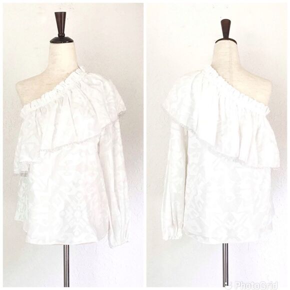PARKER White One Shoulder Top Blouse Cotton Long Sleeve Ruffle Tassel XS New - Picture 2 of 16